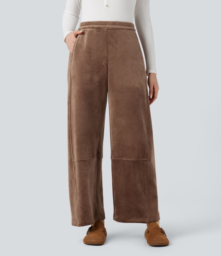 Ribbed Knit Mid Rise Fleece Casual Barrel Leg Pants with Pockets
