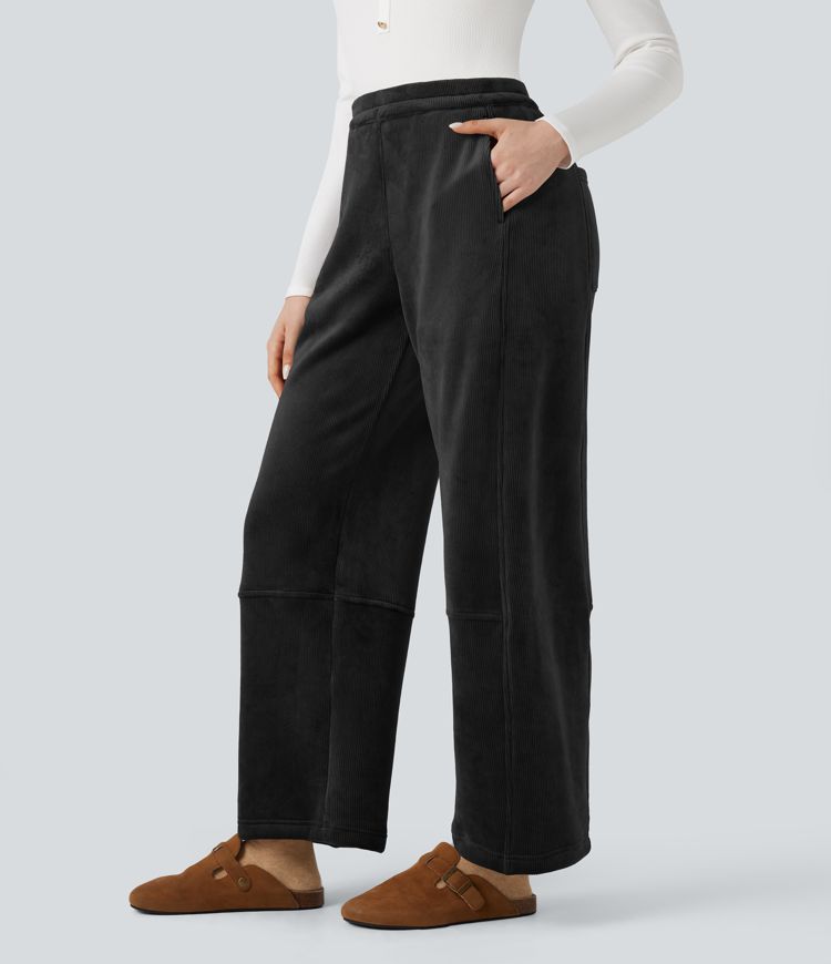 Ribbed Knit Mid Rise Fleece Casual Barrel Leg Pants with Pockets