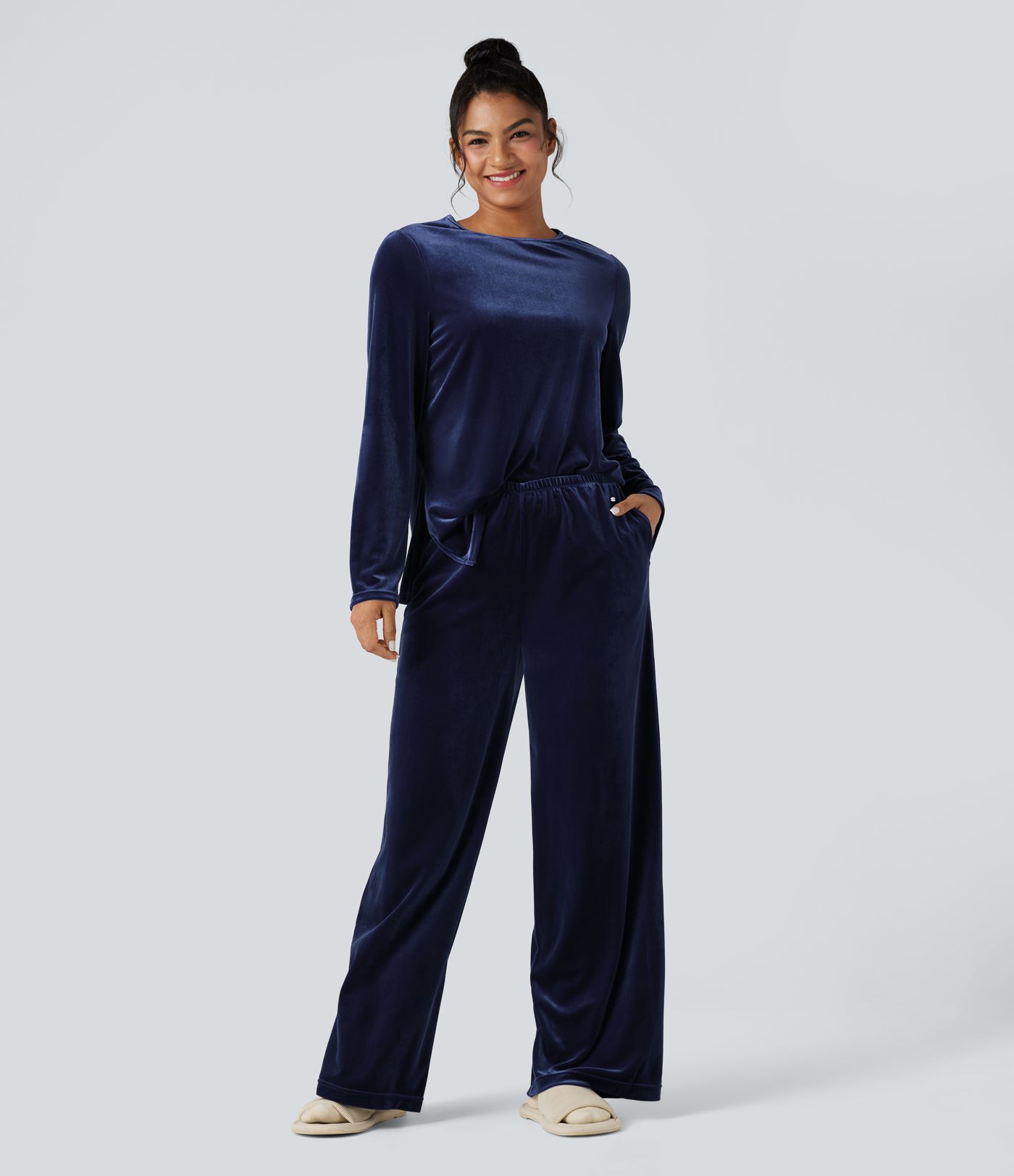 High Waisted Velvet Casual Baggy Lounge Pants with Pockets