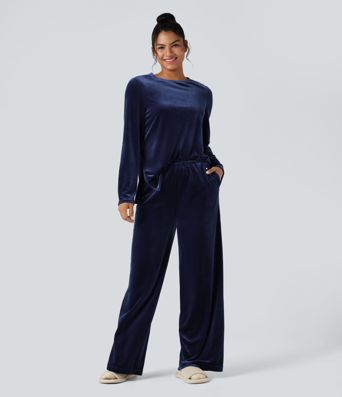 High Waisted Velvet Casual Baggy Lounge Pants with Pockets