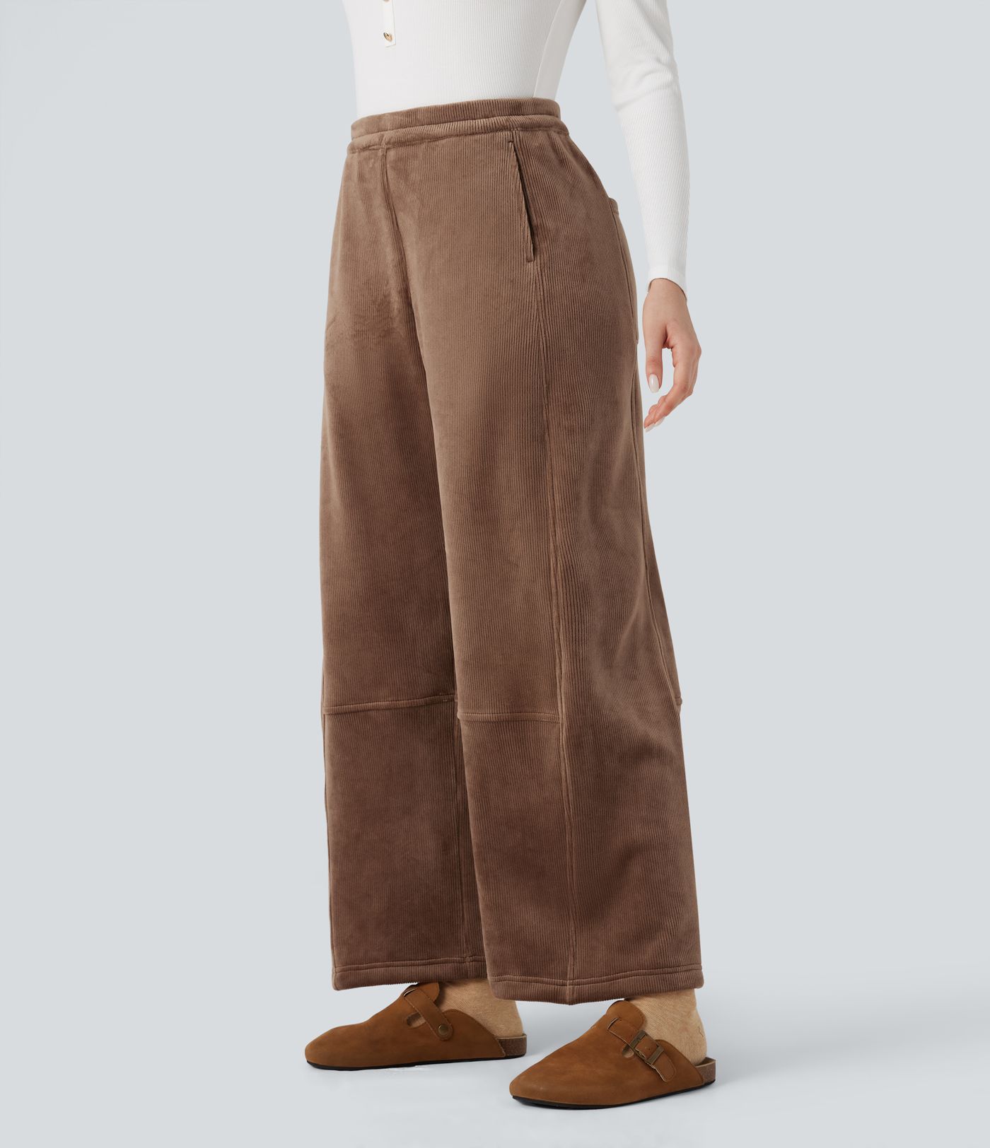 Ribbed Knit Mid Rise Fleece Casual Barrel Leg Pants with Pockets