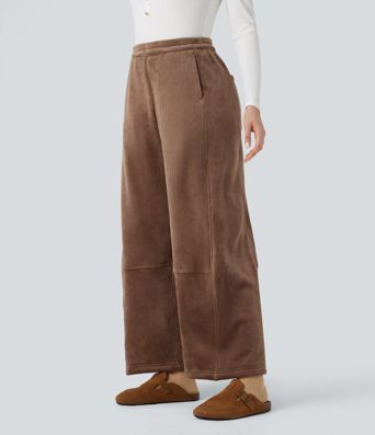 Ribbed Knit Mid Rise Fleece Casual Barrel Leg Pants with Pockets