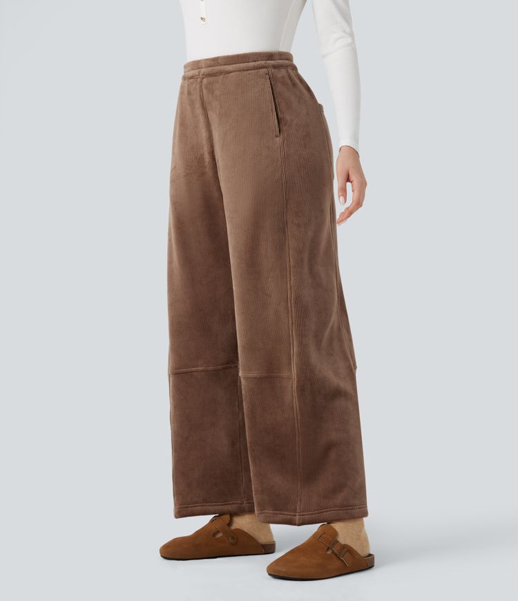 Ribbed Knit Mid Rise Fleece Casual Barrel Leg Pants with Pockets