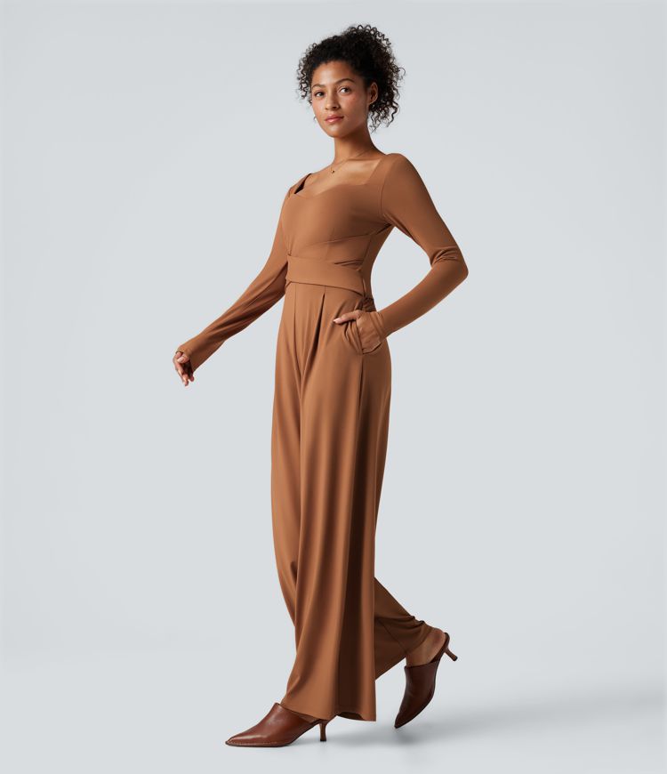 U Back Long Sleeve Casual Jumpsuit with Pockets-Easy Peezy Edition