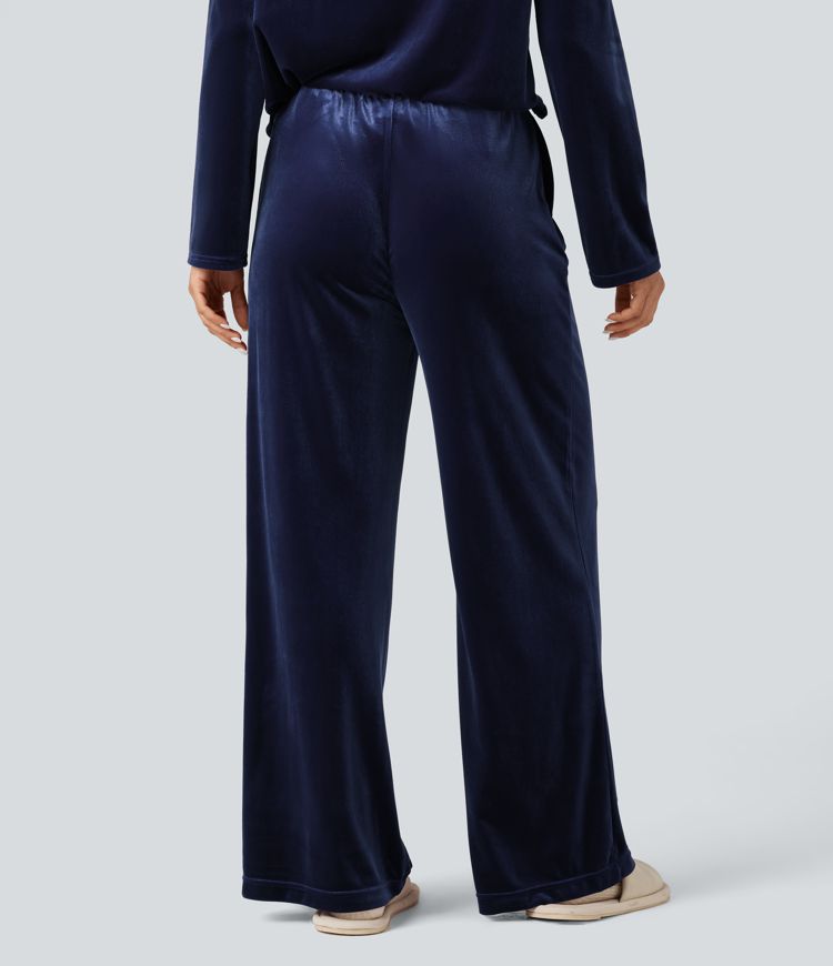 High Waisted Velvet Casual Baggy Lounge Pants with Pockets
