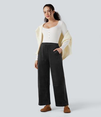 Ribbed Knit Mid Rise Fleece Casual Barrel Leg Pants with Pockets
