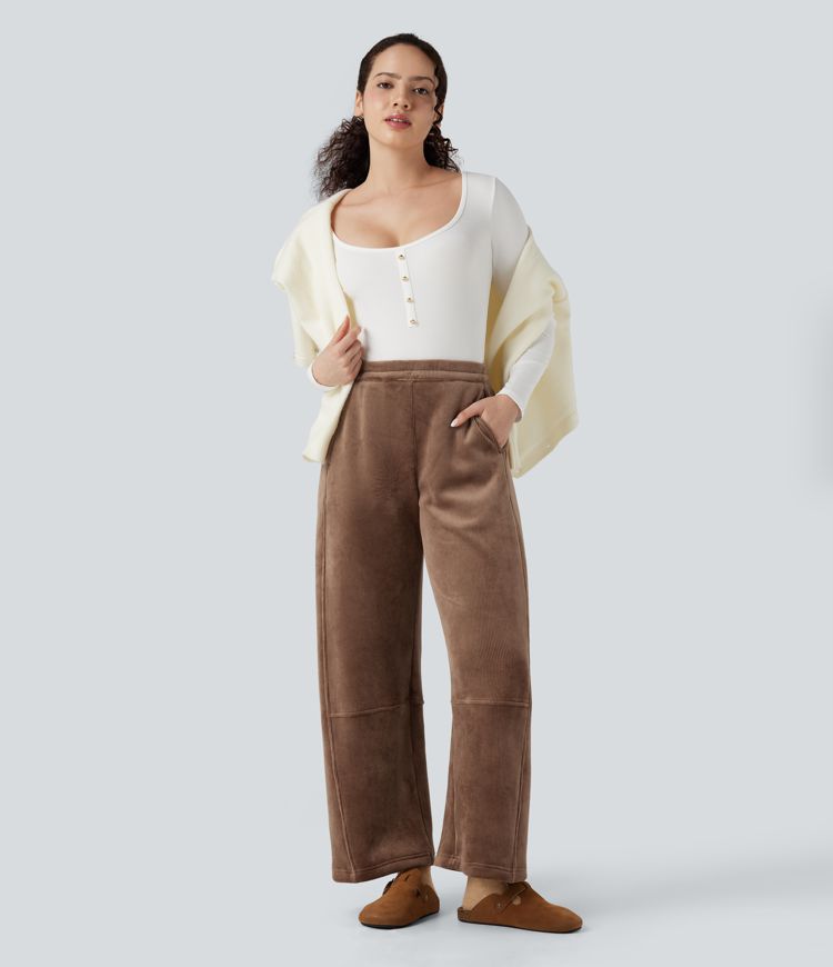 Ribbed Knit Mid Rise Fleece Casual Barrel Leg Pants with Pockets