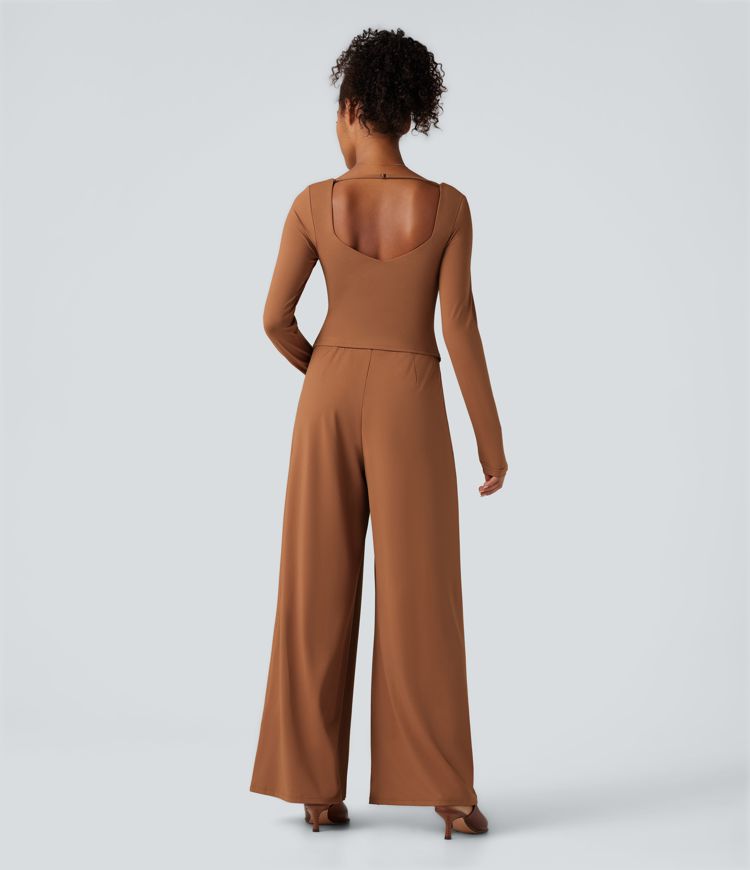 U Back Long Sleeve Casual Jumpsuit with Pockets-Easy Peezy Edition