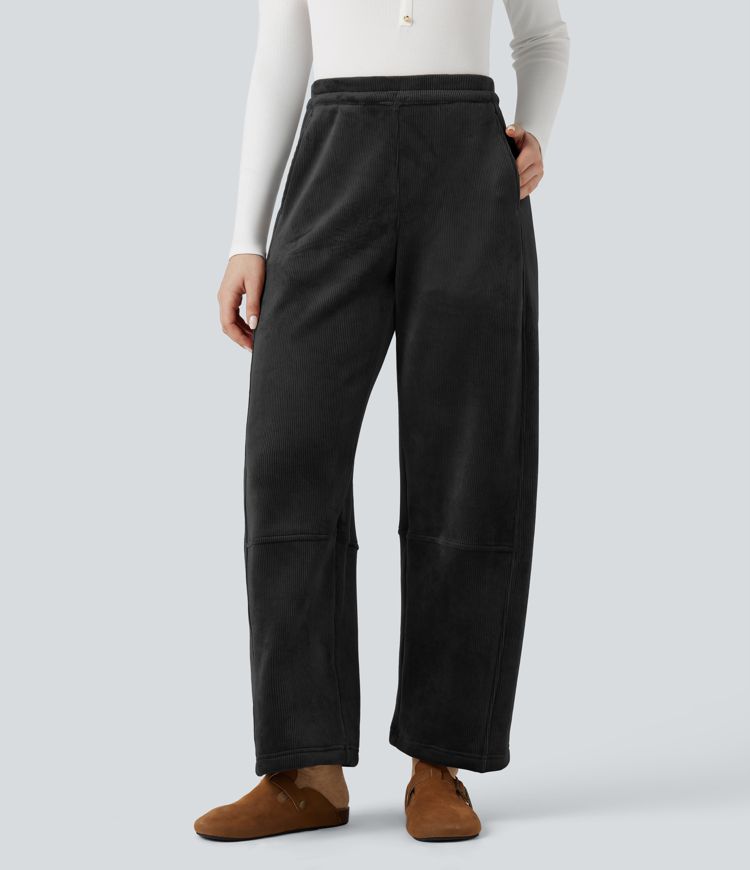Ribbed Knit Mid Rise Fleece Casual Barrel Leg Pants with Pockets