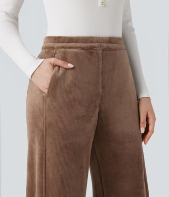 Ribbed Knit Mid Rise Fleece Casual Barrel Leg Pants with Pockets