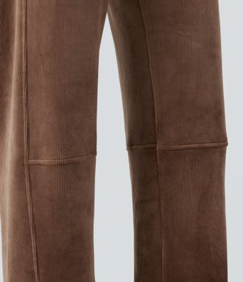 Ribbed Knit Mid Rise Fleece Casual Barrel Leg Pants with Pockets