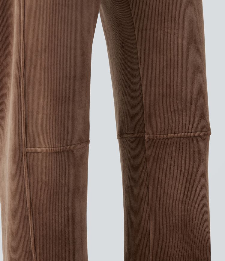 Ribbed Knit Mid Rise Fleece Casual Barrel Leg Pants with Pockets