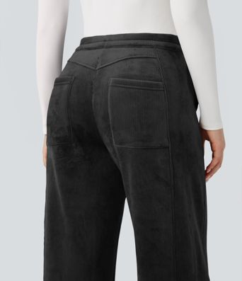 Ribbed Knit Mid Rise Fleece Casual Barrel Leg Pants with Pockets