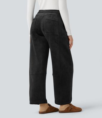 Ribbed Knit Mid Rise Fleece Casual Barrel Leg Pants with Pockets