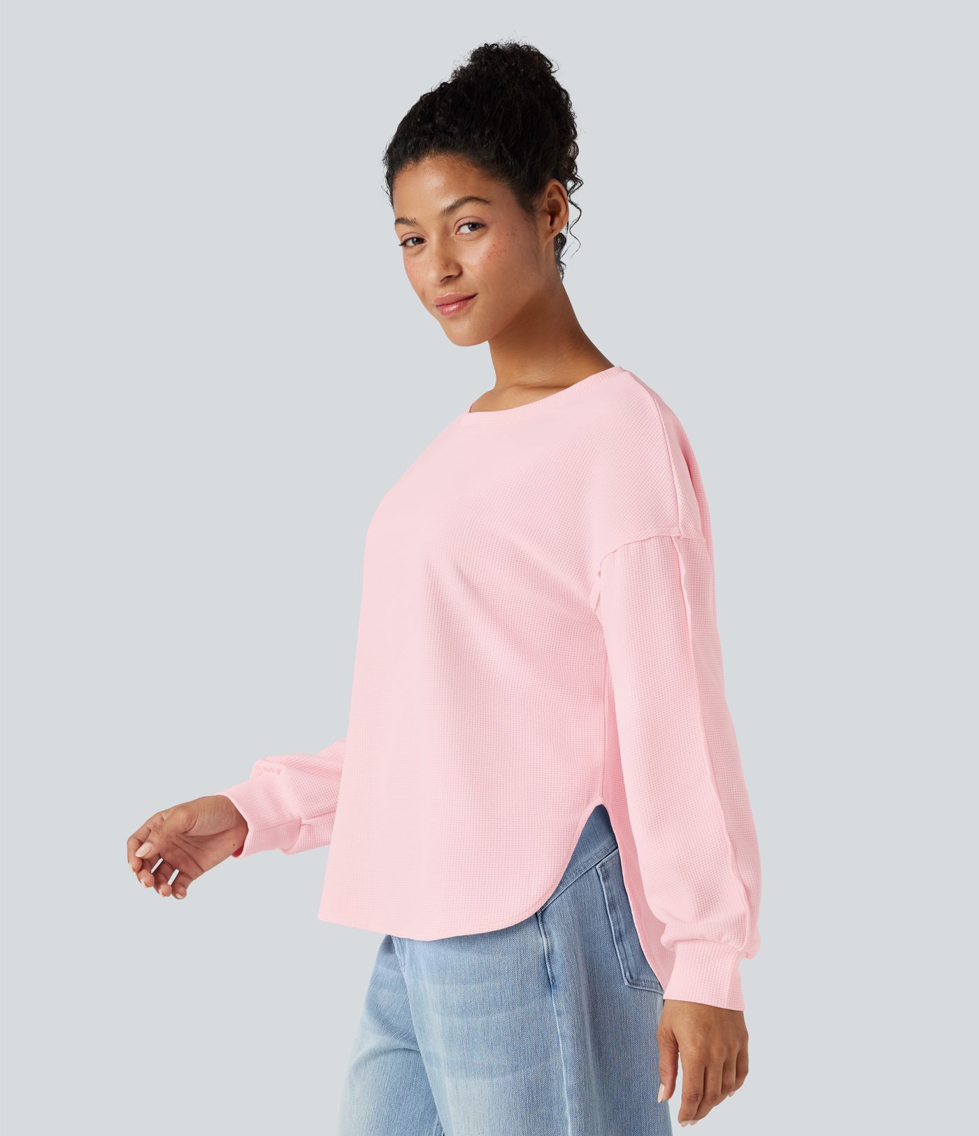 Round Neck Long Sleeve Curved Hem Waffle Casual Top