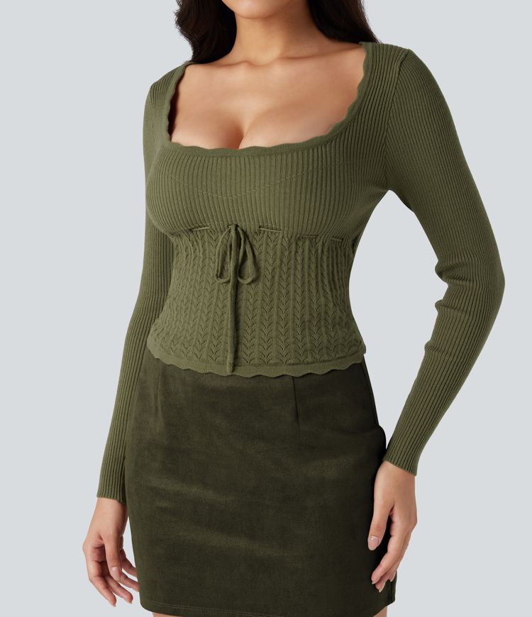 U-Neck Long Sleeve Scallop Trim Casual Sweater