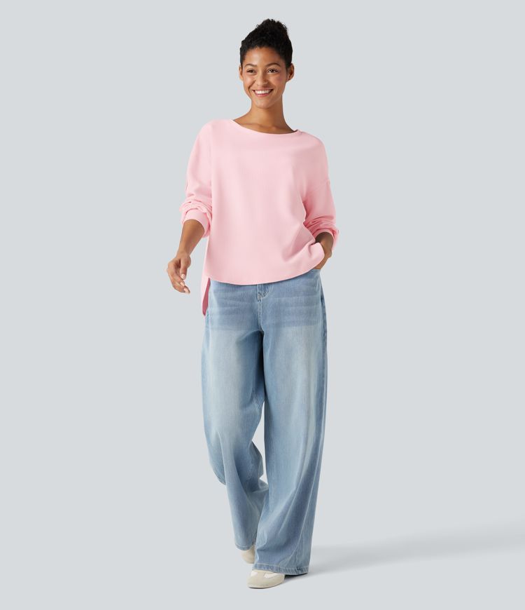 Round Neck Long Sleeve Curved Hem Waffle Casual Top