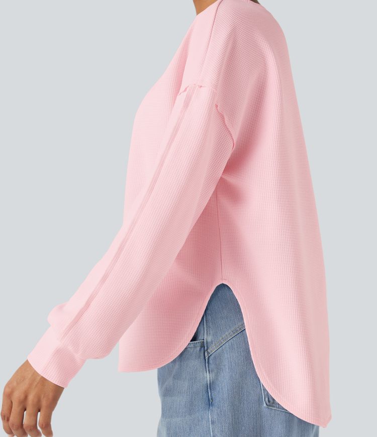 Round Neck Long Sleeve Curved Hem Waffle Casual Top