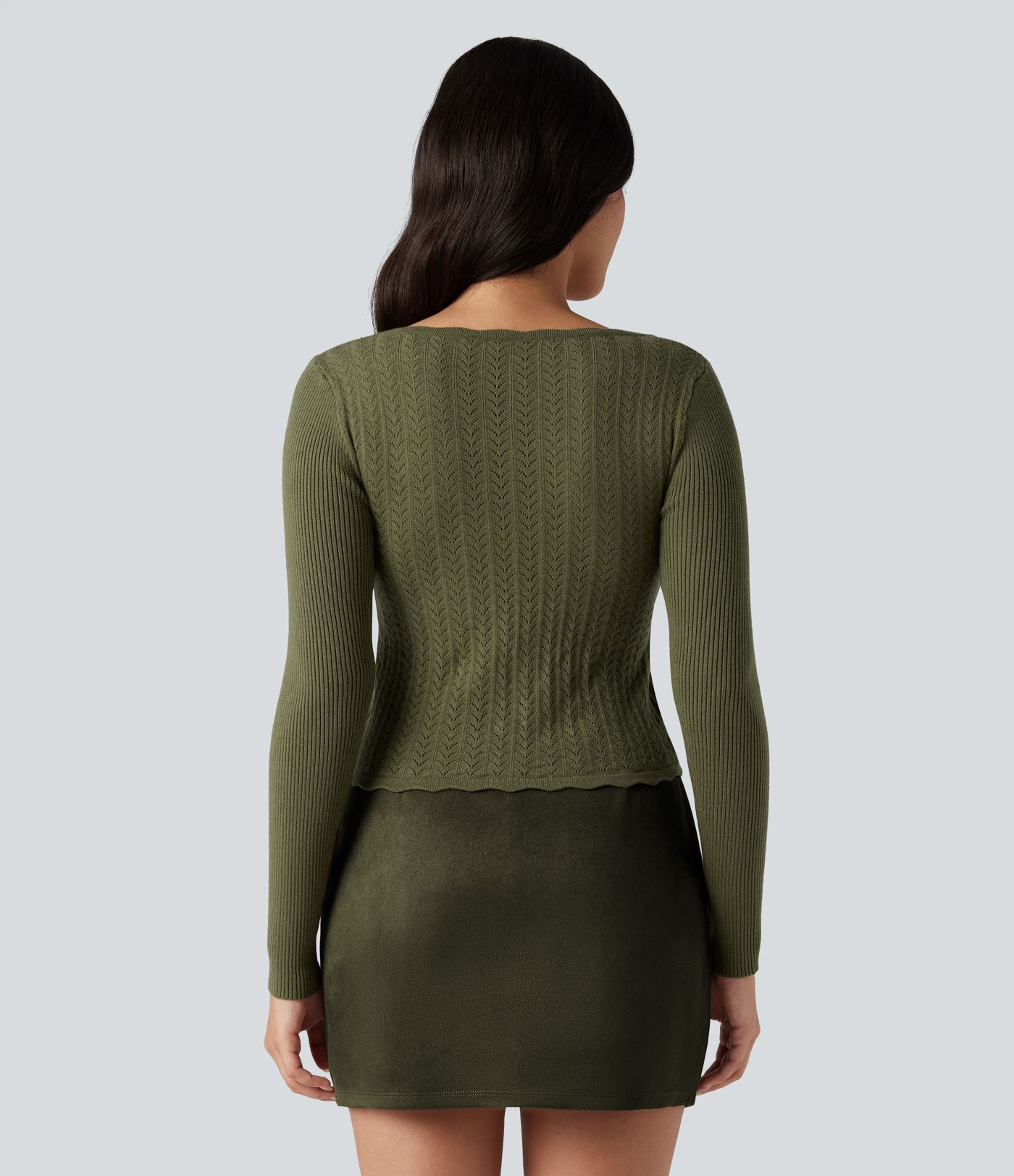 U-Neck Long Sleeve Scallop Trim Casual Sweater