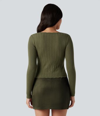 U-Neck Long Sleeve Scallop Trim Casual Sweater