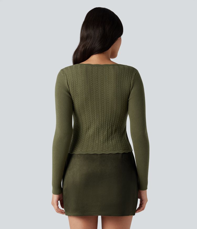 U-Neck Long Sleeve Scallop Trim Casual Sweater