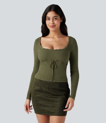 U-Neck Long Sleeve Scallop Trim Casual Sweater