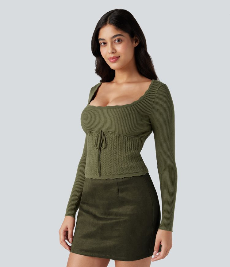 U-Neck Long Sleeve Scallop Trim Casual Sweater