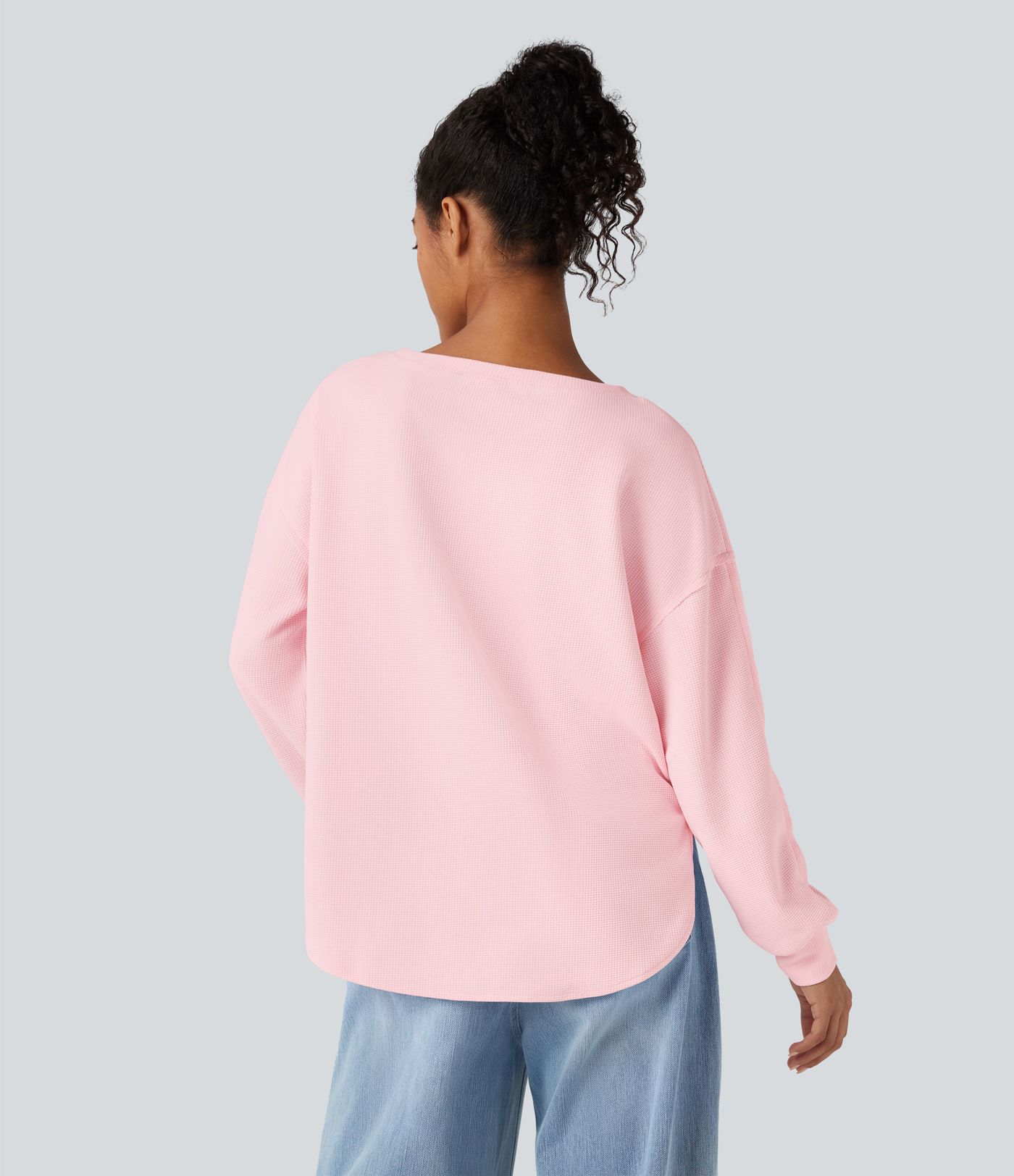 Round Neck Long Sleeve Curved Hem Waffle Casual Top
