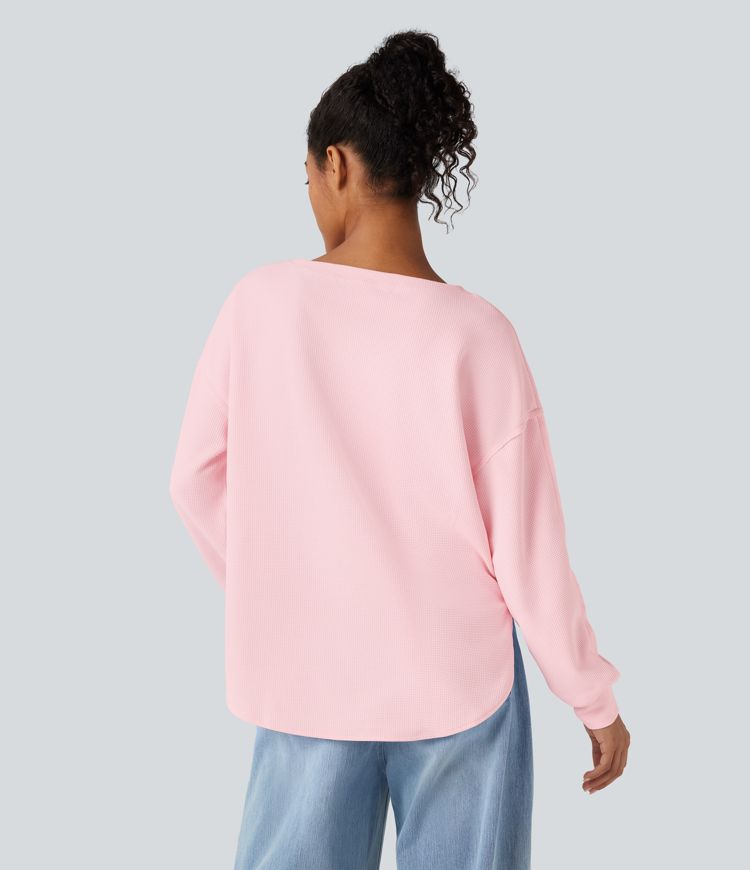 Round Neck Long Sleeve Curved Hem Waffle Casual Top
