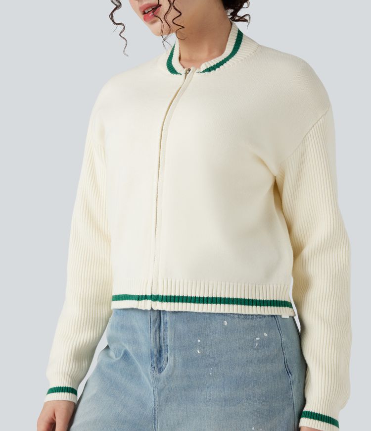 Cardigan color block col rond manches longues