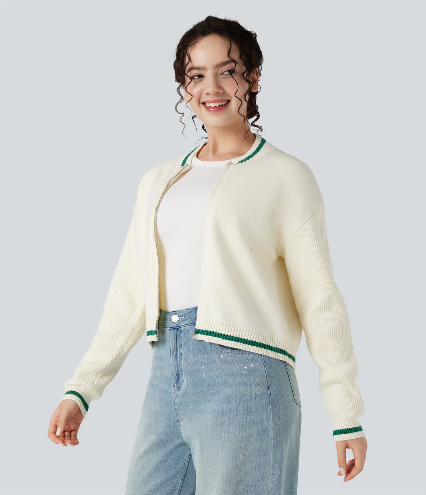 Cardigan color block col rond manches longues