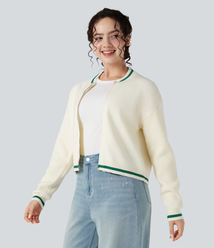 Cardigan color block col rond manches longues