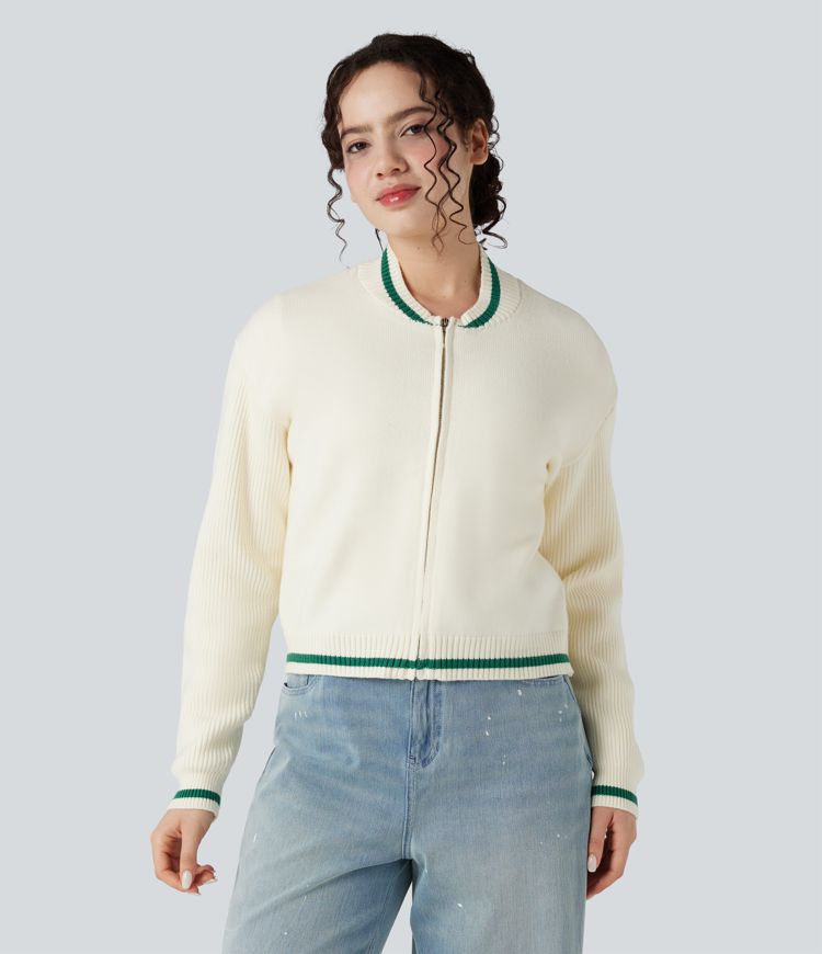 Cardigan color block col rond manches longues