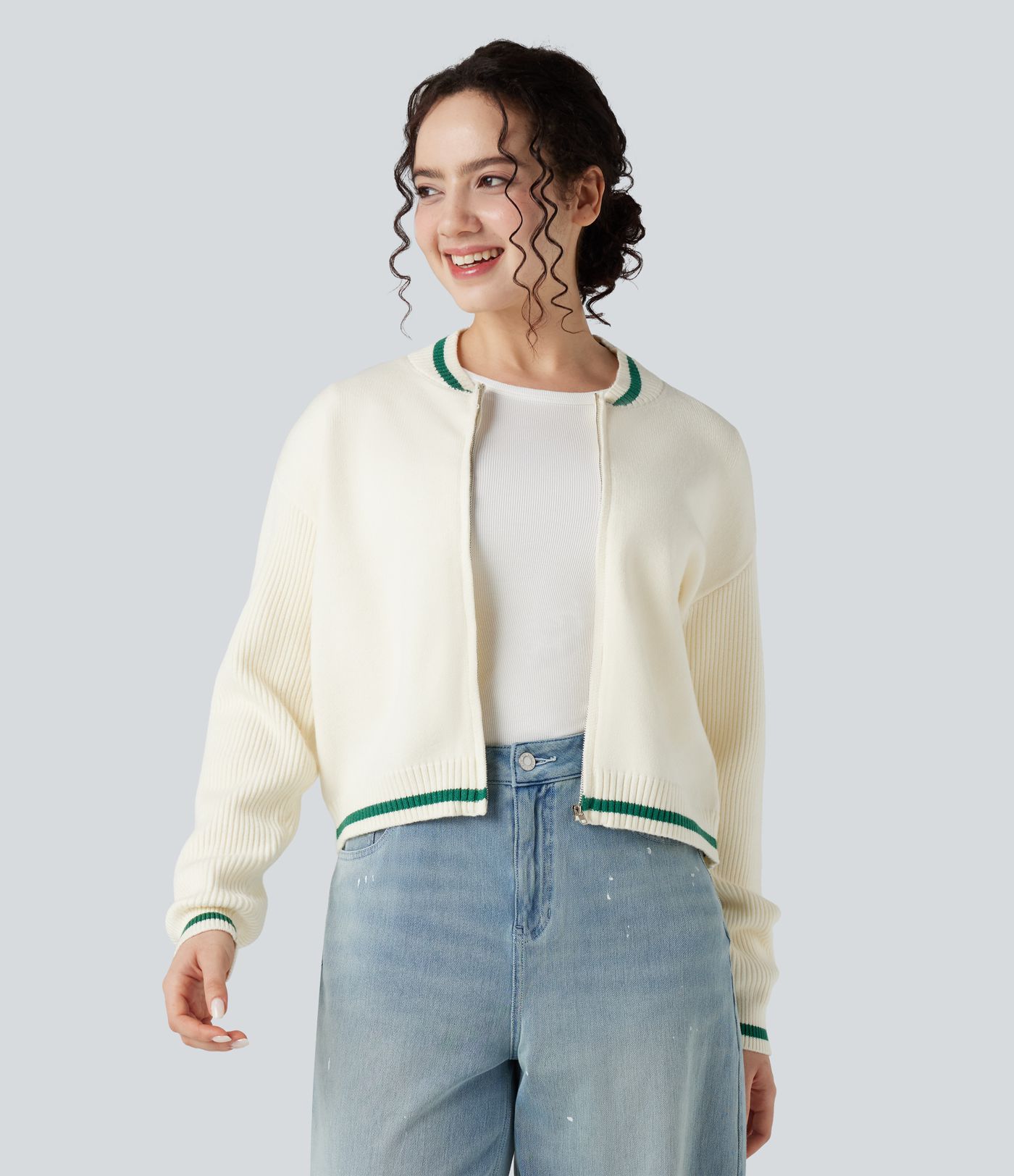 Cardigan color block col rond manches longues