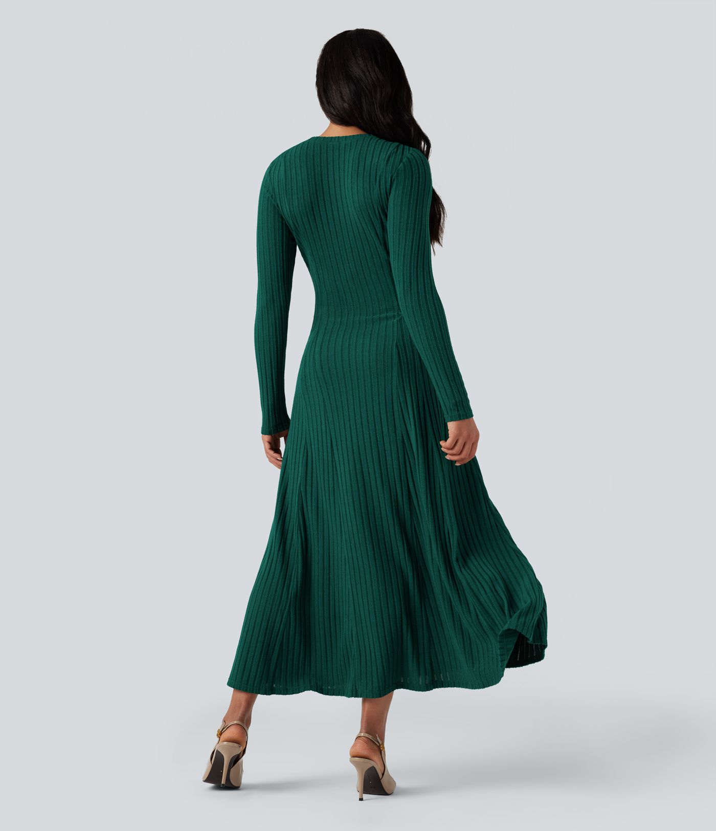 Ribbed Knit Henley Neck Long Sleeve Flowy Women Casual Maxi Dress