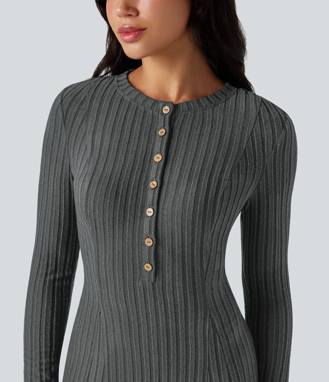 Robe maxi décontractée et fluide en maille imprimée, à col Henley et manches longues