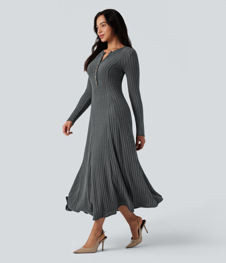 Robe maxi décontractée et fluide en maille imprimée, à col Henley et manches longues