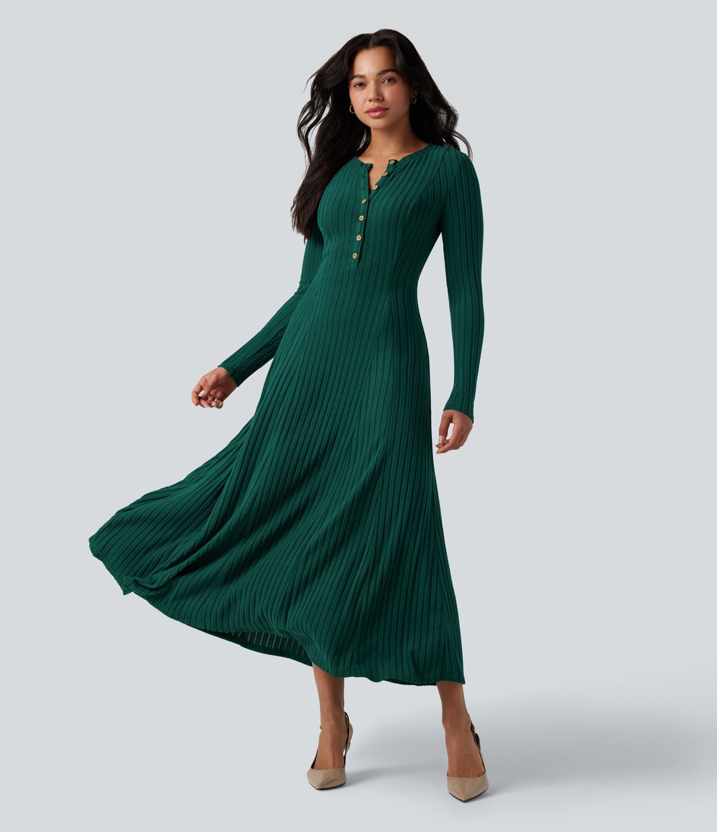 Ribbed Knit Henley Neck Long Sleeve Flowy Women Casual Maxi Dress