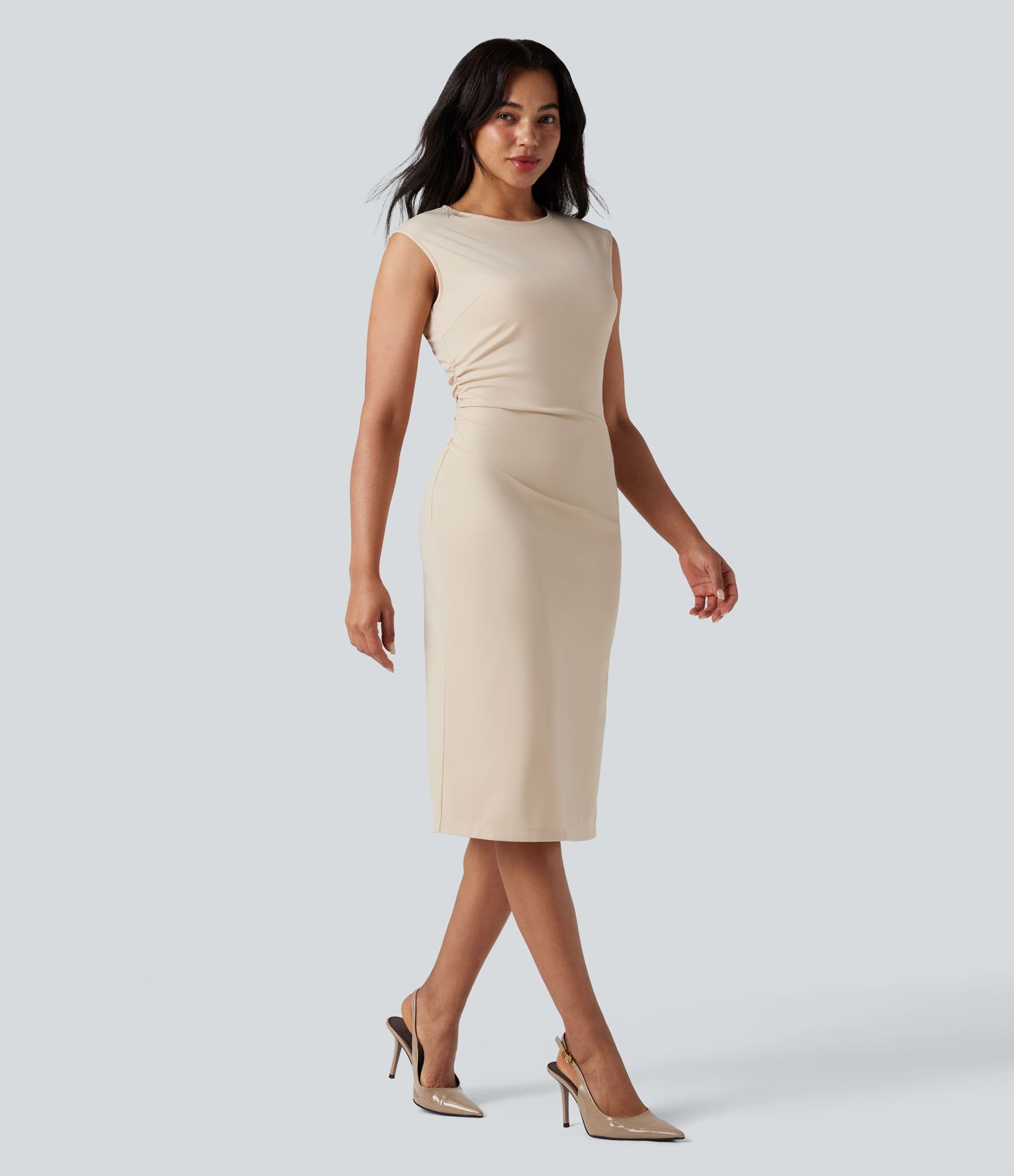 Robe mi-longue moulante tailleur col rond sans manches