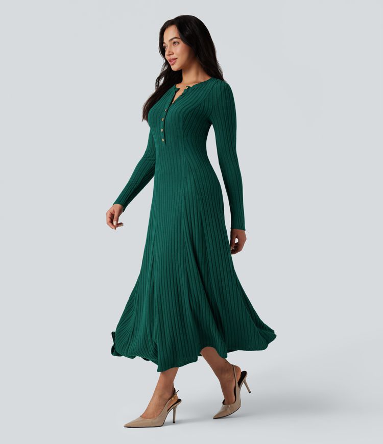 Ribbed Knit Henley Neck Long Sleeve Flowy Maxi Casual Dress