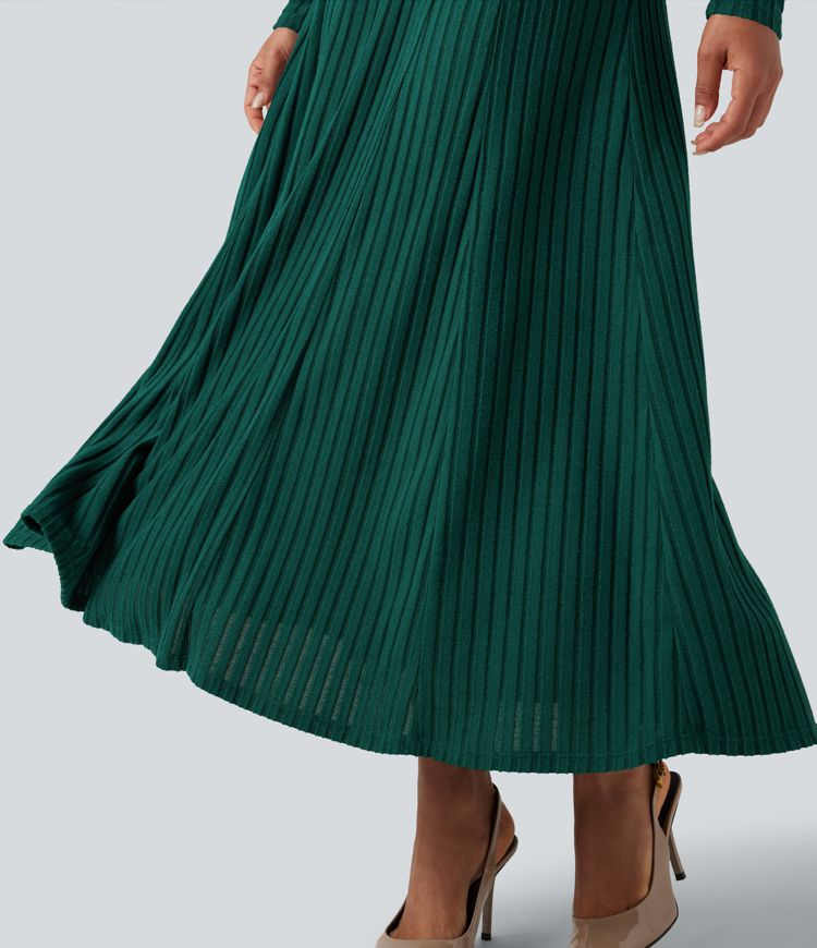 Ribbed Knit Henley Neck Long Sleeve Flowy Maxi Casual Dress