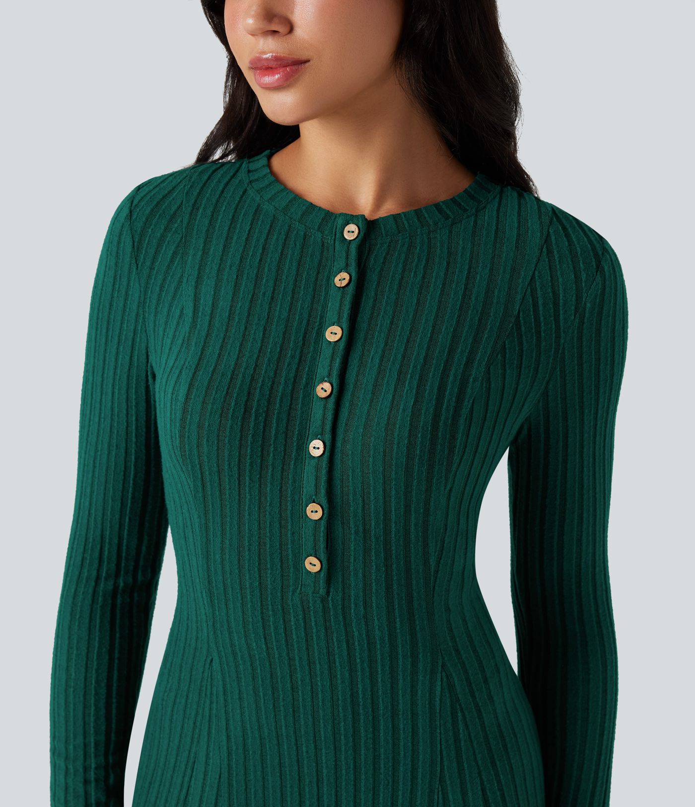 Ribbed Knit Henley Neck Long Sleeve Flowy Women Casual Maxi Dress