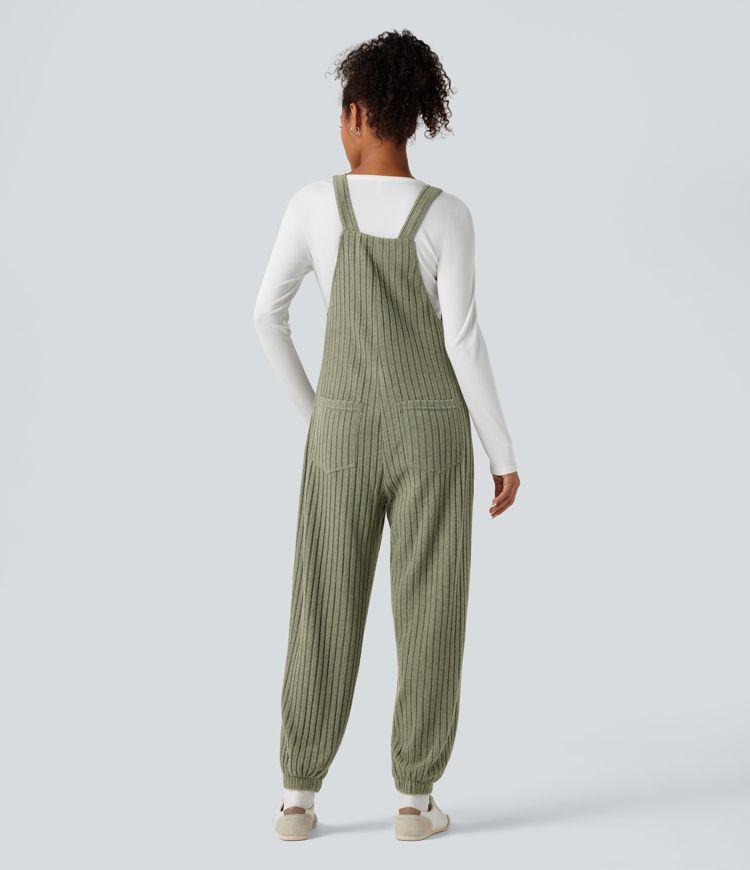 Ribbed Knit Adjustable Straps Casual Joggers Dungarees with Pockets