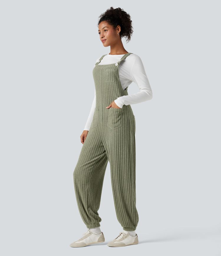 Ribbed Knit Adjustable Straps Casual Joggers Dungarees with Pockets