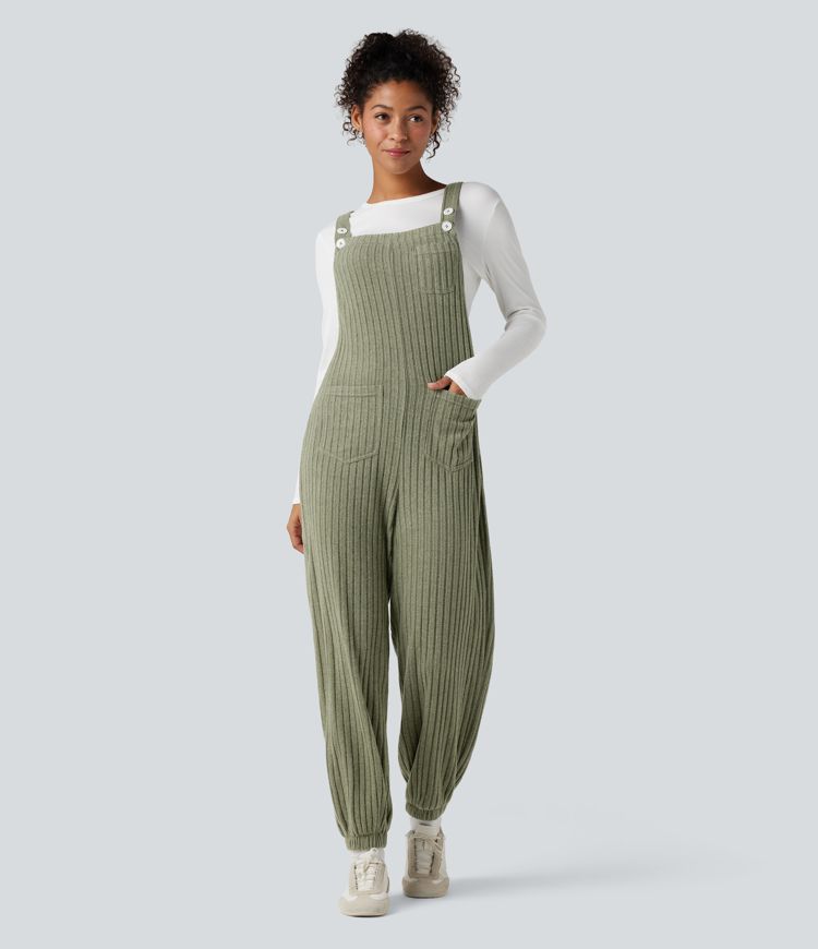 Ribbed Knit Adjustable Straps Casual Joggers Overalls with Pockets