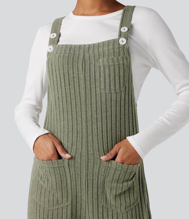Ribbed Knit Adjustable Straps Casual Joggers Dungarees with Pockets