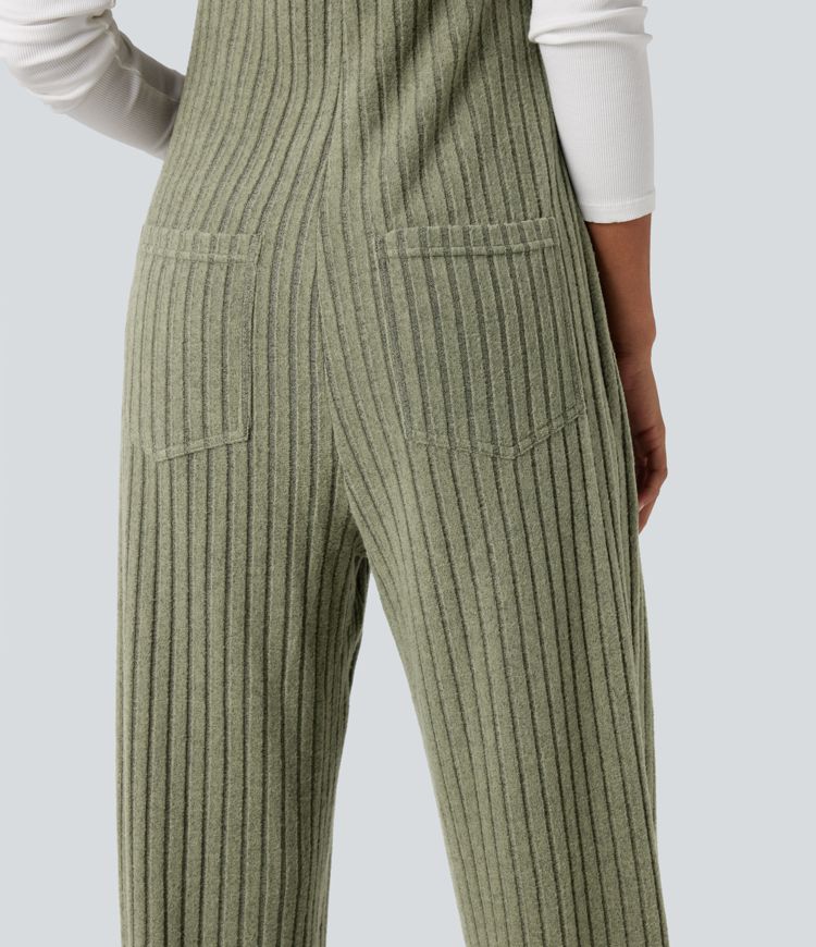 Ribbed Knit Adjustable Straps Casual Joggers Dungarees with Pockets