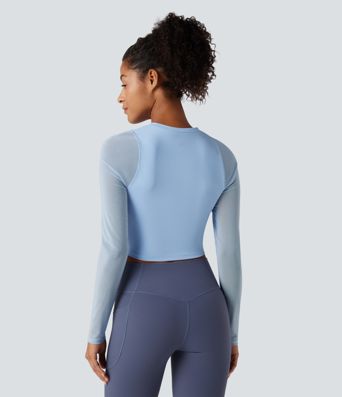 SoftlyZero™ Airy Round Neck Long Sleeve Contrast Mesh Cropped Cool Touch Yoga Sports Top-UPF50+