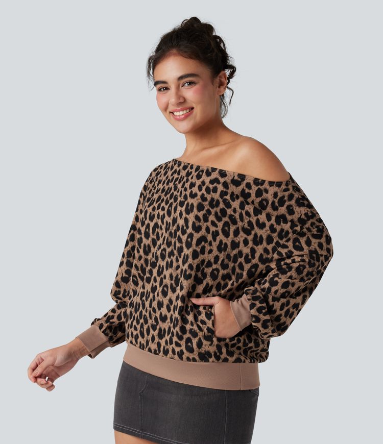 One-shoulder Long Sleeve Waffle Leopard Casual Sweatshirt with Pockets
