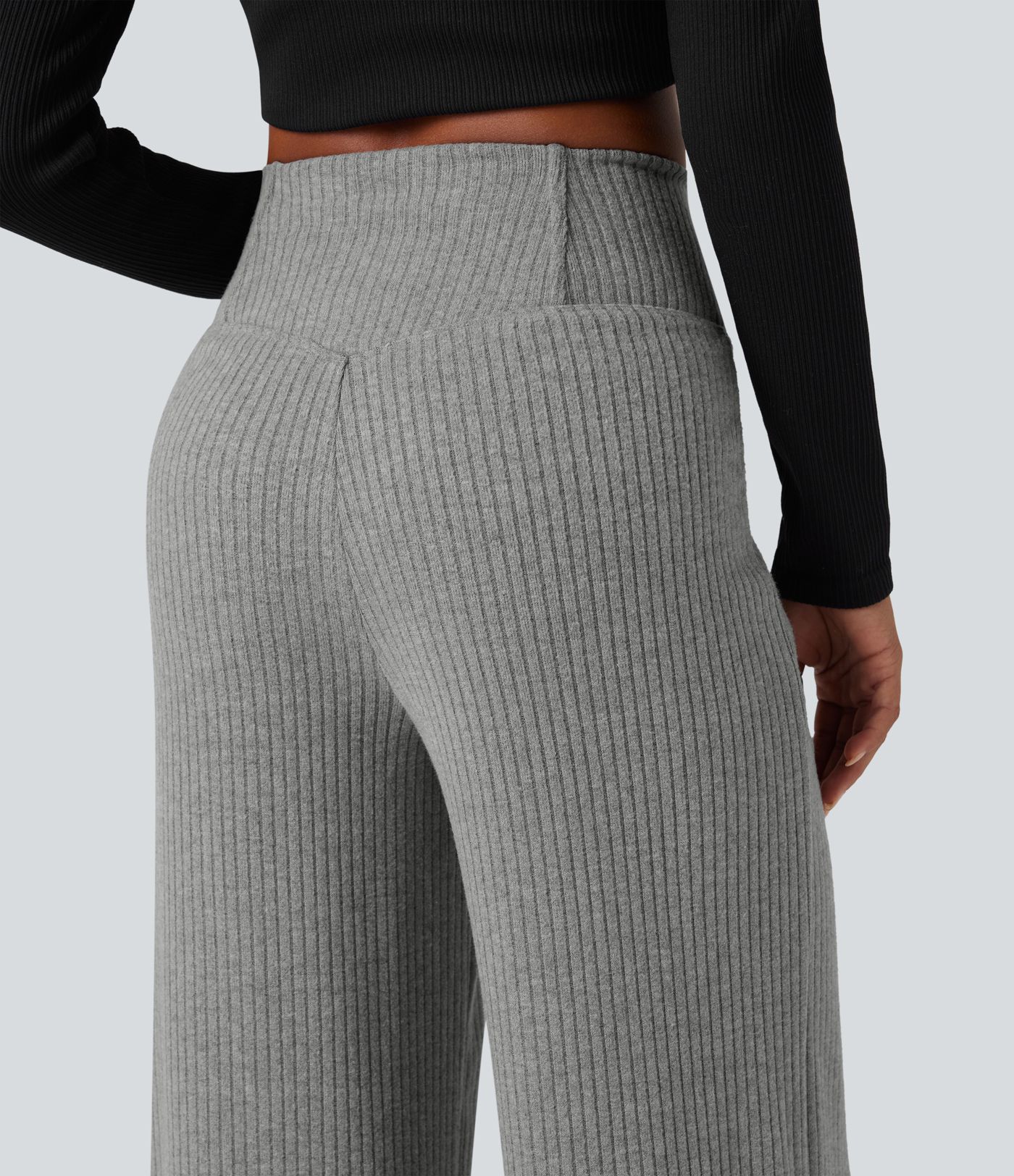 Pantalon décontracté en maille côtelée SoCinched, taille haute croisée à effet gainant pour le ventre, coupe droite, avec poches